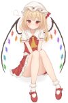  1girl :t =3 bare_legs blonde_hair blush bobby_socks closed_mouth commentary_request convenient_leg crystal flandre_scarlet flat_chest frilled_shirt_collar frills full_body gaden19 hands_on_lap hat highres knees_together_feet_apart mary_janes medium_hair mob_cap one_side_up petite pout red_eyes red_skirt red_vest shoes simple_background sitting skirt skirt_set socks solo touhou v_arms vest white_background wings 