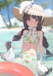  1girl animal bare_arms bare_shoulders bikini bird black_hair blue_archive blue_sky blurry blurry_background blush braid brown_headwear closed_mouth cloud commentary_request darkzmonsty day depth_of_field halo hat highres innertube leaf_print long_hair low_twintails miyu_(blue_archive) miyu_(swimsuit)_(blue_archive) navel outdoors palm_tree print_bikini seagull sky solo straw_hat swimsuit tree twin_braids twintails water white_bikini 
