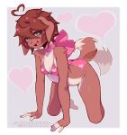  &lt;3 &lt;3_eyes 2023 5_fingers ahoge all_fours anthro blue_eyes breasts brown_hair canid canine canis clothed clothing coffeechicken dipstick_tail domestic_dog female fingers hair kess_(coffeechicken) looking_at_viewer mammal markings open_mouth open_smile pawpads short_hair small_breasts smile solo tail tail_markings tail_motion tailwag 