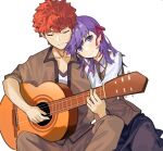  1boy 1girl brown_vest closed_eyes emiya_shirou fate/stay_night fate_(series) guitar hair_ribbon head_on_another&#039;s_shoulder holding holding_instrument homurahara_academy_school_uniform instrument long_hair long_sleeves matou_sakura music orange_hair playing_instrument purple_eyes purple_hair red_ribbon ribbon school_uniform shirt short_hair simple_background smile user_cekp8748 vest white_background white_shirt 
