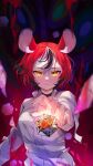  1girl absurdres animal_ears dice fingernails hakos_baelz highres hirasawa_izumi mouse_ears multicolored_hair psycho_(hololive) red_hair short_hair straitjacket streaked_hair virtual_youtuber yellow_eyes 