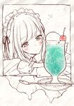  1boy absurdres arms_on_table blush cherry closed_mouth collared_shirt crossed_arms cup dress drink drinking_glass food frilled_hairband frills fruit glass hairband hatching_(texture) highres holding ice ice_cream ice_cream_float ice_cube kanazawa_shinnosuke lolita_fashion long_hair long_sleeves maid_headdress mole mole_under_eye original otoko_no_ko ribbon shaved_ice shirt smile solo spoon spot_color swept_bangs table traditional_media upper_body 