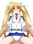  ahoge alternate_costume belt belt_buckle blonde_hair blush buckle cameltoe eyebrows_hidden_by_hair fate_testarossa grin hair_ribbon highres holding_hands long_hair long_sleeves looking_at_viewer lyrical_nanoha mahou_shoujo_lyrical_nanoha oshimaru026 panties pencil_skirt red_eyes red_ribbon ribbon sidelocks simple_background skirt smile straddling tsab_air_military_uniform twintails underwear very_long_hair white_background white_panties white_ribbon 