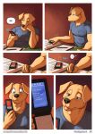  anthro blue_eyes canid canine clothed clothing comic english_text fur hi_res male mammal meesh phone solo speech_bubble text travis_peake_(meesh) yellow_body yellow_fur 