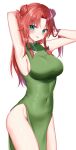  1girl aqua_eyes artist_name blush braid breasts china_dress chinese_clothes closed_mouth covered_navel cowboy_shot dress green_dress groin hands_in_hair highres hong_meiling large_breasts long_hair no_panties red_hair shinonome_asu signature simple_background smile solo tongue tongue_out touhou twin_braids white_background 