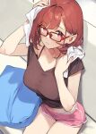  1girl 92m breasts brown_shirt commentary_request glasses highres holding holding_towel kinshi_no_ane large_breasts looking_at_viewer midriff navel original pillow pink_shorts red-framed_eyewear red_eyes red_hair shirt short_hair short_shorts short_sleeves shorts sitting solo thighs towel 
