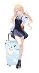  1girl absurdres airport alternate_costume bag black_dress black_footwear blonde_hair blue_archive blush boots breasts brown_bag collared_shirt commentary double-parted_bangs dress full_body hair_between_eyes hair_intakes halo hifumi_(blue_archive) highres holding holding_suitcase leg_up light_brown_hair long_hair long_sleeves looking_at_viewer low_twintails okey open_mouth peroro_(blue_archive) pinafore_dress puffy_long_sleeves puffy_sleeves rolling_suitcase shirt shoes short_dress shoulder_bag simple_background sleeveless sleeveless_dress small_breasts smile solo standing standing_on_one_leg suitcase teeth twintails upper_teeth_only v white_background white_shirt wing_hair_ornament winged_halo yellow_eyes yellow_halo 