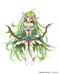  1girl :o ahoge bow_(weapon) copyright_request dress full_body gloves green_dress green_eyes green_gloves green_hair head_tilt head_wings holding holding_bow_(weapon) holding_weapon long_hair official_art pointy_ears simple_background solo standing very_long_hair weapon white_background wings yoshino35 