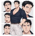  1boy angry bara belt black_hair black_shirt blue_eyes brown_belt domo_(domo_kizusuki) hand_in_pocket highres large_pectorals male_focus mature_male multiple_views muscular muscular_male one_eye_closed open_mouth original pants pectoral_cleavage pectorals shirt sleeves_rolled_up smile staring sweatdrop teeth thick_eyebrows white_pants 