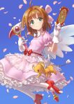  1girl blue_background blush bow brown_hair card cardcaptor_sakura cherry_blossoms clow_card dress falling_petals frilled_dress frills fuuin_no_tsue gloves green_eyes highres holding holding_card holding_wand kero kinomoto_sakura magical_girl pantyhose petals pink_dress red_bow red_footwear sakura_card short_hair short_sleeves smile wand white_gloves white_pantyhose wings yamamoto_suzume 