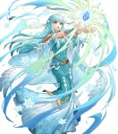  1girl bare_shoulders belt blue_hair breasts cape detached_sleeves dress feather_trim fire_emblem fire_emblem:_the_blazing_blade fire_emblem_heroes full_body gradient_clothes hair_ornament highres long_dress long_skirt medium_breasts ninian_(fire_emblem) non-web_source official_art red_eyes skirt solo transparent_background uroko_(mnr) 