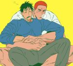  2boys balnom bara character_request couple hug hug_from_behind male_focus multiple_boys muscular muscular_male nose_bubble pectorals saliva short_hair sitting_between_lap slam_dunk_(series) sleep_bubble spread_legs thick_eyebrows yaoi yellow_background 