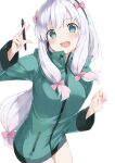  1girl :d absurdres blush bow commentary cowboy_shot earpiece eromanga_sensei eyelashes green_eyes green_jacket grey_hair hair_between_eyes hair_bow hand_up happy head_tilt highres holding holding_pen izumi_sagiri jacket long_hair long_sleeves looking_at_viewer low-tied_long_hair open_mouth pen pink_bow sidelocks smile solo standing straight_hair very_long_hair yanagi_marie 