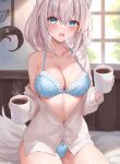  1girl absurdres animal_ear_fluff animal_ears blue_bra blue_eyes blue_panties blurry blurry_background blush bow bow_bra bow_panties bra braid breasts coffee collarbone cup fox_ears fox_girl hair_between_eyes hayasaka_(a865675167774) highres holding holding_cup hololive indoors lace-trimmed_bra lace_trim large_breasts looking_at_viewer medium_hair navel off_shoulder open_mouth paid_reward_available panties shirakami_fubuki shirt short_hair single_braid solo underwear virtual_youtuber white_hair white_shirt window 