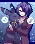  1boy alcryst_(fire_emblem) blue_hair crossover fire_emblem fire_emblem_engage gloves hair_ornament hair_over_one_eye hairclip highres holding jacket looking_at_viewer motiumai open_mouth pokemon red_eyes shirt short_hair solo umbreon white_gloves 