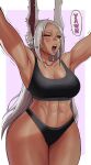  1girl ;o abs animal_ears armpits arms_up artist_name bare_shoulders black_panties black_sports_bra boku_no_hero_academia border breasts cleavage collarbone dark-skinned_female dark_skin english_text gud0c highleg highleg_panties highres large_breasts long_eyelashes long_hair mirko navel one_eye_closed open_mouth panties parted_bangs pink_background rabbit_ears rabbit_girl red_eyes skindentation solo speech_bubble sports_bra stomach stretching teeth thick_thighs thighs toned underwear waking_up white_border white_hair yawning 