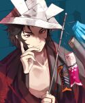  1boy black_hair collarbone fate/grand_order fate_(series) hand_on_own_face haori hat highres hijikata_toshizou_(fate) japanese_clothes looking_at_viewer male_focus mature_male paper_hat pectoral_cleavage pectorals red_eyes short_hair solo teria_(teriarian) upper_body 