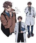  1boy black_pants blue_pants blue_sweater brown_footwear brown_hair brown_jacket collage grey_shirt grey_sweater hand_in_pocket henry_(adey) highres id_card jacket lab_coat original pants parted_bangs shirt short_hair sketch smoking spiked_hair standing sweater ten_(lu2948d) white_background 