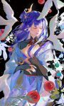  1girl 2328625772 abstract abstract_background absurdres bird black_background blunt_bangs closed_eyes flower genshin_impact hair_ornament highres japanese_clothes long_hair mole mole_under_eye purple_hair purple_nails raiden_shogun solo 