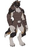  5_fingers anthro armor biped canid canine claws fingers fur grigor_(schizoid) inner_ear_fluff male mammal schizoid simple_background solo tail tuft white_background 