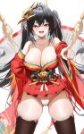  1girl absurdres ahoge azur_lane bare_shoulders black_hair black_thighhighs breasts cleavage collarbone hair_between_eyes hair_ornament highres japanese_clothes kimono large_breasts long_hair looking_at_viewer open_mouth panties red_eyes red_kimono samart_normal simple_background smile solo standing taihou_(azur_lane) teeth thick_thighs thighhighs thighs twintails underwear upper_teeth_only white_background white_panties wide_sleeves 