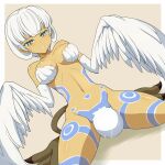  1girl absurdres animal_feet bar_censor blunt_bangs blush bodypaint bottomless breasts censored clam_curry dark_skin egg_laying feather_magic feathers green_eyes harpy highres medium_breasts monster_girl navel open_mouth short_hair solo tail tales_of_(series) tales_of_symphonia talons tan white_feathers white_hair white_wings winged_arms wings 