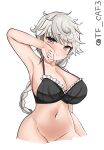  1girl absurdres asymmetrical_hair black_bra bottomless bra braid breasts brown_eyes cleavage cropped_torso frilled_bra frills grey_hair highres kantai_collection large_breasts long_hair looking_at_viewer navel one-hour_drawing_challenge out-of-frame_censoring simple_background single_braid solo tf_cafe underwear unryuu_(kancolle) very_long_hair white_background 