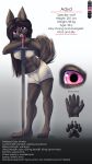  absurd_res adyd(ferrn) anthro black_body black_fur breasts canid canine canis clothed clothing digital_media_(artwork) english_text ferrn fur gynomorph hair hi_res holding_object holding_weapon intersex looking_at_viewer mammal melee_weapon model_sheet open_mouth purple_eyes simple_background smile solo standing sword tail text weapon white_background wolf 