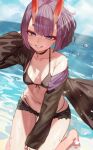  1girl bare_shoulders bikini blush bob_cut breasts chorogon collarbone eyeliner fate/grand_order fate_(series) highres horns large_breasts long_sleeves looking_at_viewer makeup navel oni oni_horns purple_eyes purple_hair short_eyebrows short_hair shuten_douji_(fate) skin-covered_horns smile solo swimsuit thighs 