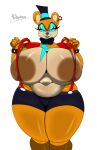  absurd_res animatronic anthro areola bear big_breasts blue_eyes blue_eyeshadow blue_lipstick bottomwear bow_tie bracelet breasts brown_areola brown_body brown_nipples clothed clothing crossgender ear_piercing ear_ring eyelashes eyeshadow female five_nights_at_freddy&#039;s five_nights_at_freddy&#039;s:_security_breach glamrock_freddy_(fnaf) glowing glowing_eyes hat headgear headwear hi_res huge_breasts jewelry lipstick looking_at_viewer machine makeup mammal narrowed_eyes navel nipples open_mouth overweight overweight_female piercing purple_bottomwear purple_clothing purple_shorts ring_piercing robot scottgames shorts shoulder_pads simple_background solo spiked_bracelet spikes steel_wool_studios suspenders tan_body thick_thighs top_hat topless trifuson white_background wide_hips 