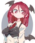  1girl black_vest black_wings breasts collared_shirt demon_wings head_wings koakuma long_hair long_sleeves massakasama medium_breasts necktie red_eyes red_hair red_necktie shirt solo touhou upper_body vest white_shirt wings 