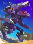  absurdres blue_sky cannon claws clear_sky commentary_request desert dust_cloud genesect highres insignia joints mechanization mountain no_humans non-humanoid_robot piston pokemon pokemon_(creature) red_eyes robot robot_joints sand sky standing team_plasma yunimaru 