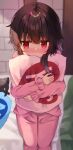  1girl bedroom blush brown_hair chomusuke commentary_request cowboy_shot highres holding holding_pillow indoors kono_subarashii_sekai_ni_shukufuku_wo! long_sleeves looking_to_the_side megumin object_hug on_bed pajamas pillow pillow_hug pink_pajamas pout red_eyes short_hair_with_long_locks sitting solo straight-on yes-no_pillow yuno_(suke_yuno) 