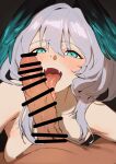  1boy 1girl aqua_eyes arknights armpits bar_censor black_background blurry blush censored commentary depth_of_field erection fangs feathered_wings fellatio grey_hair hair_between_eyes head_wings hetero highres ho&#039;olheyak_(arknights) licking licking_penis long_tongue looking_at_viewer medium_hair open_mouth oral penis pov san_p.dro simple_background skin_fangs smile solo_focus tongue tongue_out two-tone_wings upper_body wings 