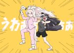  2girls animal_ears bandaid bandaid_on_face bandaid_on_nose biwa_hayahide_(umamusume) black_hair black_shirt black_shorts breasts closed_eyes closed_mouth emphasis_lines forehead glasses gomesu_(gomes0343) grey_hair hair_dryer highres horse_ears horse_girl horse_tail kyoufuu_all_back_(vocaloid) long_hair multiple_girls narita_brian_(umamusume) open_mouth pajamas pants pink_pants pink_shirt semi-rimless_eyewear shirt shorts slippers small_breasts smile stiff_tail tail tank_top umamusume v-shaped_eyebrows walking yellow_background yellow_eyes 