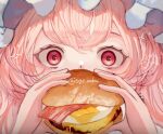  blue_headwear board_game burger chess eating food hair_between_eyes hat holding holding_food mob_cap mochacot pink_eyes pink_hair saigyouji_yuyuko touhou twitter_username 