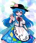  1girl :d apron arm_at_side black_headwear blue_bow blue_hair blue_skirt blush bow bowtie brown_eyes buttons center_frills collared_shirt commentary dot_nose english_commentary food frills fruit hat hinanawi_tenshi leaf_hat_ornament long_hair looking_at_viewer medium_skirt open_mouth peach peach_hat_ornament pleated_skirt reaching reaching_towards_viewer red_bow red_bowtie rin_tarou shirt sidelocks simple_background skirt smile solo swept_bangs touhou very_long_hair waist_apron waist_bow white_apron white_shirt 