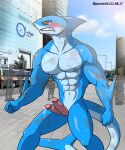  2_penises abs absurd_res alkan anthro big_pecs blue_body bodily_fluids city city_background cum erection fish genital_fluids genitals hi_res kashiver male marine multi_genitalia multi_penis multicolored_body muscular muscular_anthro muscular_male navel nipples nude nude_anthro nude_male pecs penis shark solo sweat tears two_tone_body yellow_eyes 