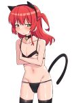  1girl absurdres animal_ears ao_(flowerclasse) ass_visible_through_thighs bare_arms bare_shoulders bell bikini black_bikini black_choker black_hairband black_thighhighs blush bocchi_the_rock! cat_ears cat_tail choker closed_mouth collarbone commentary_request covering covering_chest crossed_arms fake_animal_ears green_eyes groin hair_between_eyes hairband highres jingle_bell kita_ikuyo long_hair navel neck_bell one_side_up red_eyes simple_background solo standing sweat swimsuit tail thighhighs white_background 