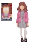  1girl belt blue_eyes braces brown_hair coat eyelashes mary_janes medium_hair pantyhose pdvl pink_coat reference_inset retainer_(teeth) shelley_marsh shoes simple_background south_park white_background white_pantyhose 