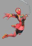  1girl absurdres animal_print bodysuit breasts chest_jewel core_crystal_(xenoblade) cosplay covered_navel gold_trim grey_background highres jewelry marvel mask pantyhose pyra_(xenoblade) red_bodysuit red_footwear red_skirt signature silk skirt solo spider-man spider-man_(cosplay) spider-man_(series) spider_print spider_web spider_web_print superhero swinging thighhighs thighhighs_over_pantyhose thighs xenoblade_chronicles_(series) xenoblade_chronicles_2 you_nf 