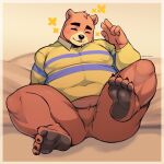  2023 absurd_res animal_crossing anthro bear blush clothing eyes_closed feet hi_res humanoid_hands male mammal musclegut nintendo overweight overweight_male rook_kawa shirt sitting solo teddy_(animal_crossing) topwear 