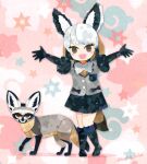  1girl animal animal_ears bat-eared_fox_(kemono_friends) boots bow bowtie brown_eyes elbow_gloves extra_ears fox fox_ears fox_girl fox_tail full_body gloves grey_hair jacket kemono_friends kikuchi_milo looking_at_viewer pink_background short_hair simple_background skirt smile tail 