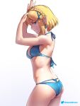  1girl alternate_costume arms_up ass bikini blonde_hair blue_bikini braid breasts crown_braid drop_earrings earrings english_commentary etchimune from_side green_eyes hair_ornament jewelry looking_at_viewer looking_to_the_side pointy_ears princess_zelda profile simple_background small_breasts smile solo swimsuit the_legend_of_zelda the_legend_of_zelda:_tears_of_the_kingdom twitter_username x_hair_ornament 