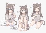  1girl :&lt; absurdres animal_ear_fluff animal_ears barefoot blue_eyes blue_shorts blush_stickers brown_hair cat_ears cat_girl cat_tail colon_br dot_nose grey_shirt hair_between_eyes hair_ornament hairclip highres knees_to_chest knees_together_feet_apart knees_up long_hair multiple_views open_mouth original raised_eyebrows shirt short_shorts short_sleeves shorts sidelocks simple_background sitting straight_hair tail toes wariza white_background 