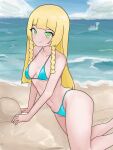  1girl absurdres alternate_costume ass bikini blonde_hair blunt_bangs braid breasts chenxing closed_mouth cloud collarbone commentary_request day eyelashes green_bikini green_eyes highres lapras lillie_(pokemon) long_hair navel outdoors pokemon pokemon_(creature) pokemon_(game) pokemon_sm sand shore sky smile swimsuit twin_braids water 
