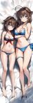  2girls absurdres ahoge arm_under_breasts ass_visible_through_thighs bed_sheet bikini black_bikini blue_bikini blue_eyes braid breasts brown_hair commentary_request eckert&amp;eich hair_between_eyes hair_flaps hair_over_shoulder hand_on_own_chest highres kantai_collection large_breasts long_hair looking_at_viewer lying medium_breasts multiple_girls navel official_alternate_costume on_back shigure_(kancolle) shigure_kai_ni_(kancolle) shigure_kai_san_(kancolle) signature single_braid smile swimsuit thigh_strap toes 