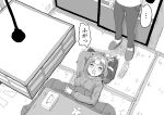  1boy 1girl absurdres alternate_costume animal_ears bear_ears bear_girl blush captain_(kemono_friends) casual closed_eyes commentary_request ezo_brown_bear_(kemono_friends) greyscale hairband highres hood hoodie kemono_friends kemono_friends_3 kotatsu kumasyan1998 long_sleeves lying monochrome on_back open_mouth pants sidelocks sleeping slippers table translation_request 