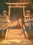  1girl closed_mouth collared_shirt fjsmu fujiwara_no_mokou highres long_hair long_sleeves pants red_pants ribbon scenery shirt sitting sitting_on_stairs solo stairs stone_lantern suspenders torii touhou white_ribbon white_shirt wide_shot 