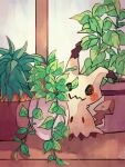 @_@ animal_focus black_eyes hanabusaoekaki highres indoors leaf mimikyu no_humans plant pokemon pokemon_(creature) potted_plant solid_oval_eyes solo tail wavy_mouth 